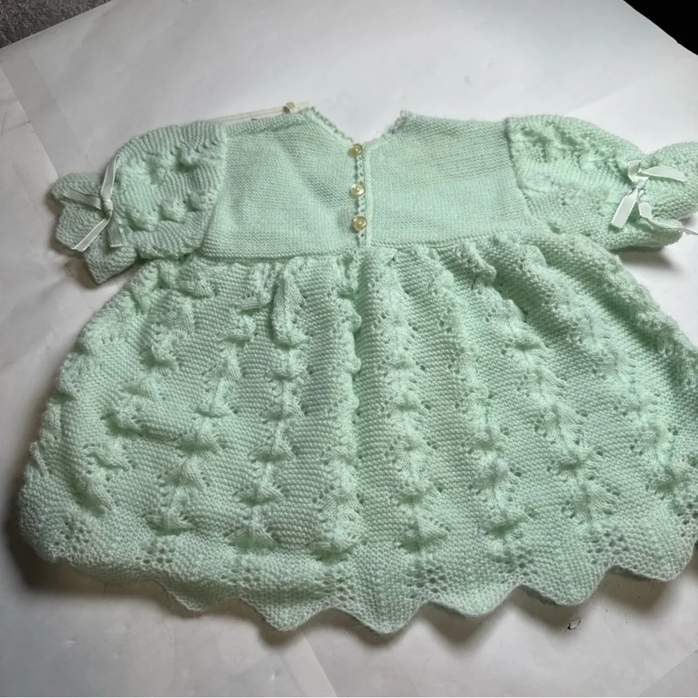 Vintage Perzo Baby Knit Dress Mint Green Handcrafted Acrylic New Tag